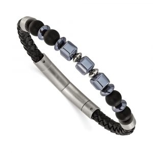 Stainless Steel Brushed Onyx & Hematite Black Leather 8 +.5-inch Bracelet