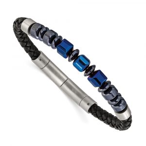 Stainless Steel Polished Blue Plated Onyx/Hematite Leather 8 +.5-inch Bracelet
