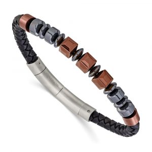 Stainless Steel Polished Brown Plated Hematite Leather 8 +.5-inch Bracelet