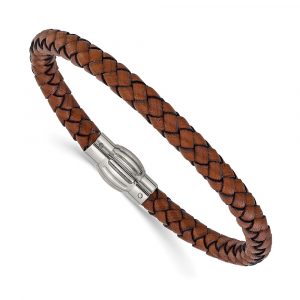 Stainless Steel Polished Brown Woven Leather 8.5-inch Bracelet