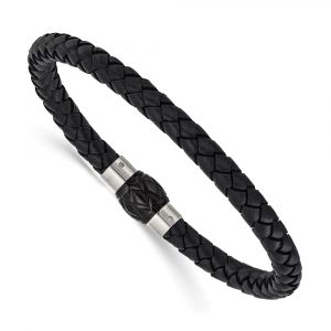 Stainless Steel Brushed & Polished Black Woven Leather 8.5-inch Bracelet
