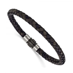 Stainless Steel Brushed & Polished Black Woven Leather 8.5-inch Bracelet