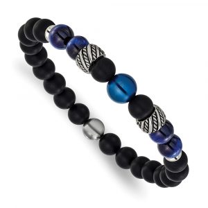 Stainless Steel Antiqued Blue IP Tiger Eye/Black Onyx 7.5-inch Stretch Bracele