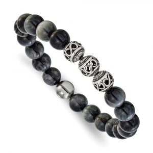 Stainless Steel Antiqued & Polished Gray Tiger Eye 7.75-inch Stretch Bracelet