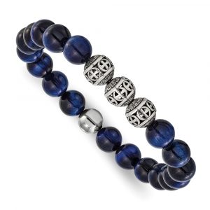 Stainless Steel Antiqued & Polished Blue Tiger Eye 7.5-inch Stretch Bracelet