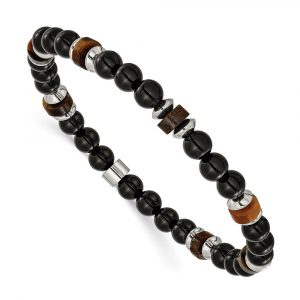 Stainless Steel Polished Black Onyx/Tiger Eye 7.75-inch Stretch Bracelet