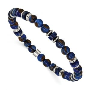 Stainless Steel Polished Blue Golden/Lapis Bead 7.75-inch Stretch Bracelet