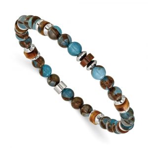 Stainless Steel Polished Blue Golden/Brown Tiger Eye 7.75-inch Stretch Bracele