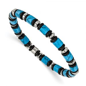 Stainless Steel Polished Turquoise and Black Onyx 7.5-inch Stretch Bracelet