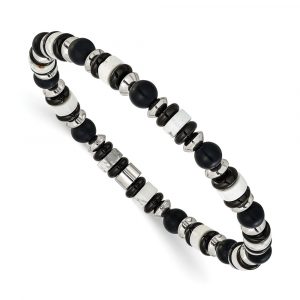Stainless Steel Polished White Howlite/Black Onyx 7.5-inch Stretch Bracelet