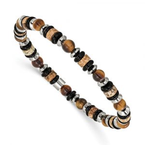 Stainless Steel Polished Tiger Eye/Picture Jasper/Onyx 7.5-inch Stretch Bracel
