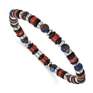 Stainless Steel Polished Blue Golden/Red Agate/Onyx 7.75-inch Stretch Bracelet