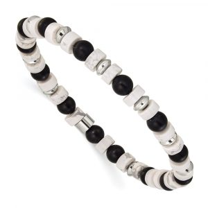 Stainless Steel Polished White Howlite/Blk Onyx Bead 7.5-inch Stretch Bracelet