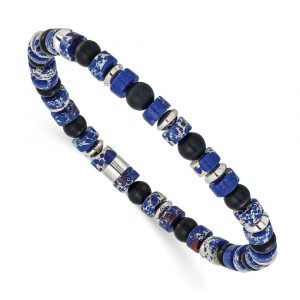 Stainless Steel Polished Blue Emperor/Blk Onyx Bead 7.5-inch Stretch Bracelet