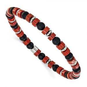 Stainless Steel Polished Red Agate and Black Onyx 7.5-inch Stretch Bracelet