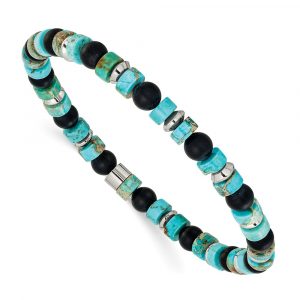 Stainless Steel Polished Marine-Green Emperor/Onyx 8-inch Stretch Bracelet