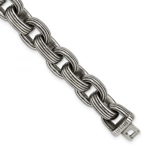 Stainless Steel Antiqued and Polished 8.5-inch Grooved Link Bracelet