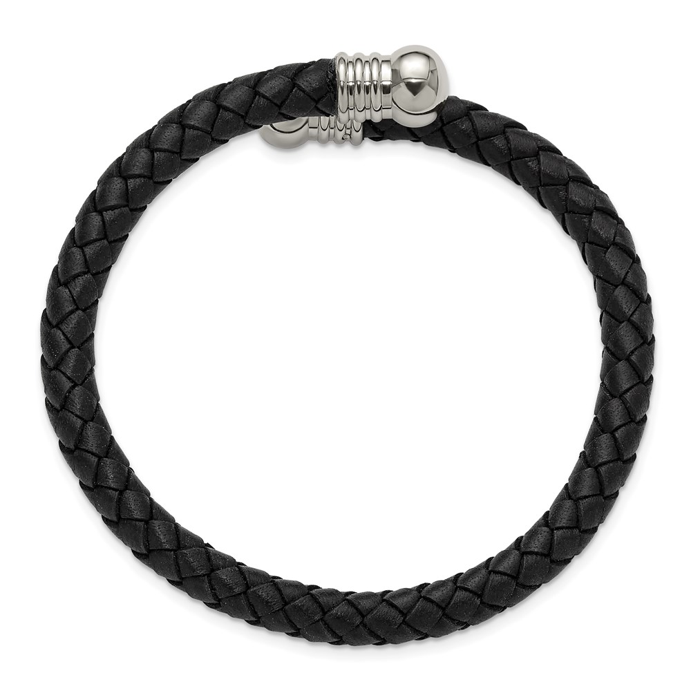 Stainless Steel Polished Black Leather Flexible Bangle - Image 2