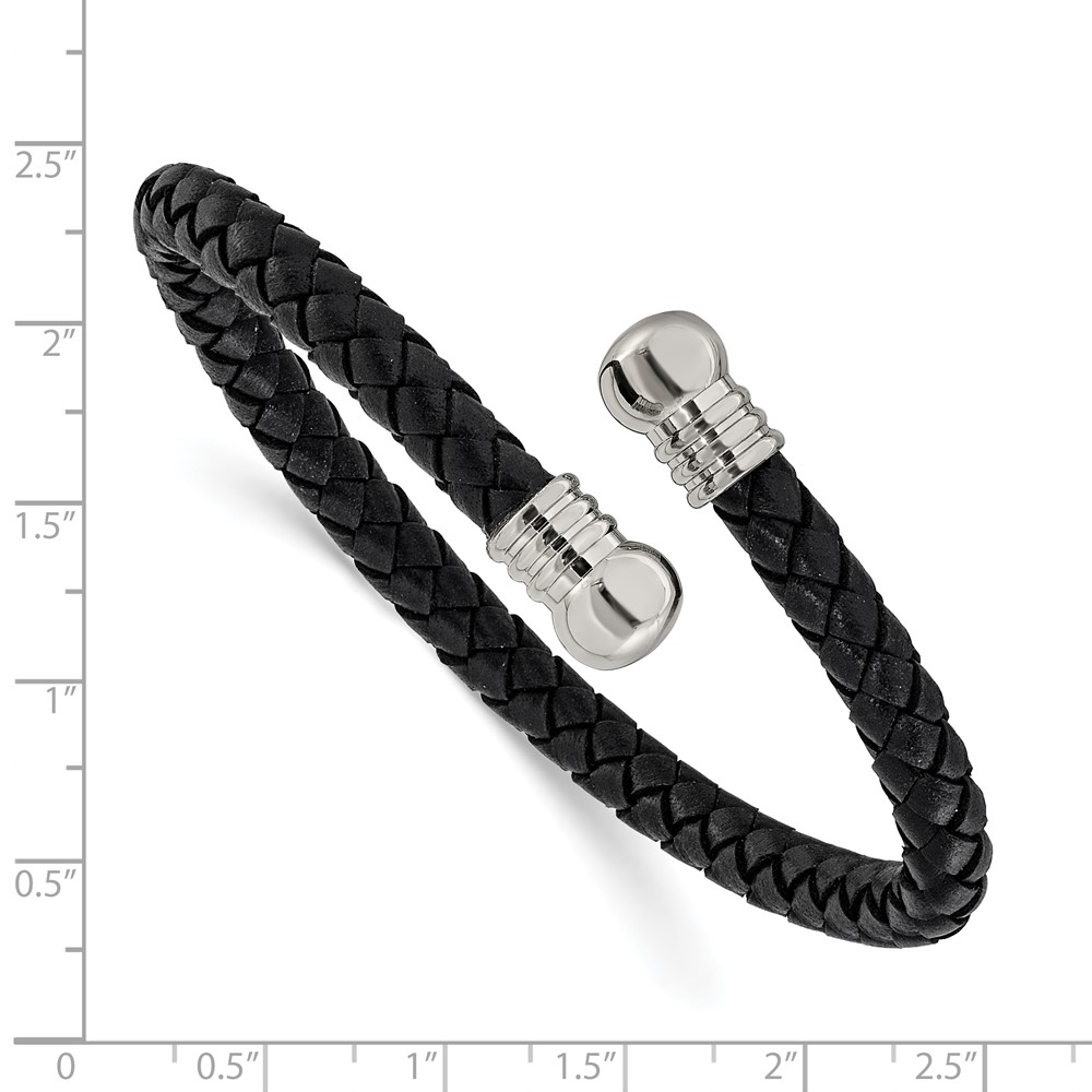 Stainless Steel Polished Black Leather Flexible Bangle - Image 3