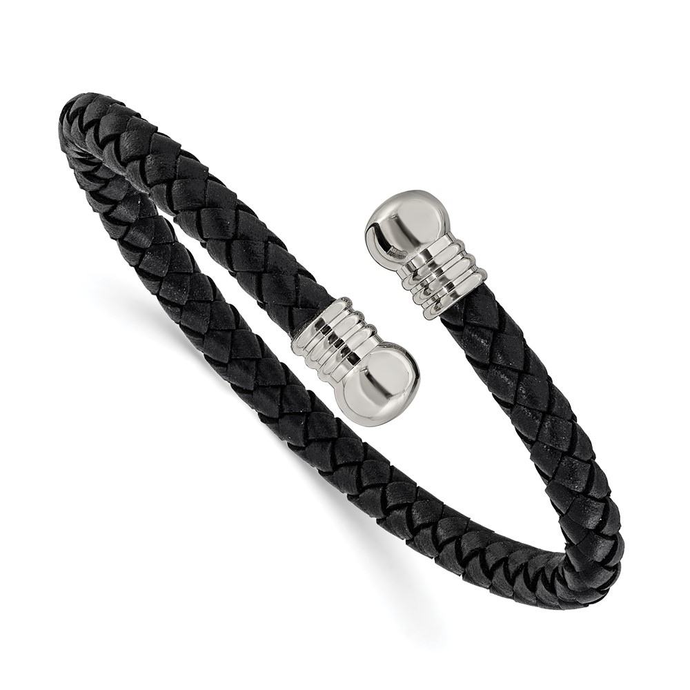 Stainless Steel Polished Black Leather Flexible Bangle