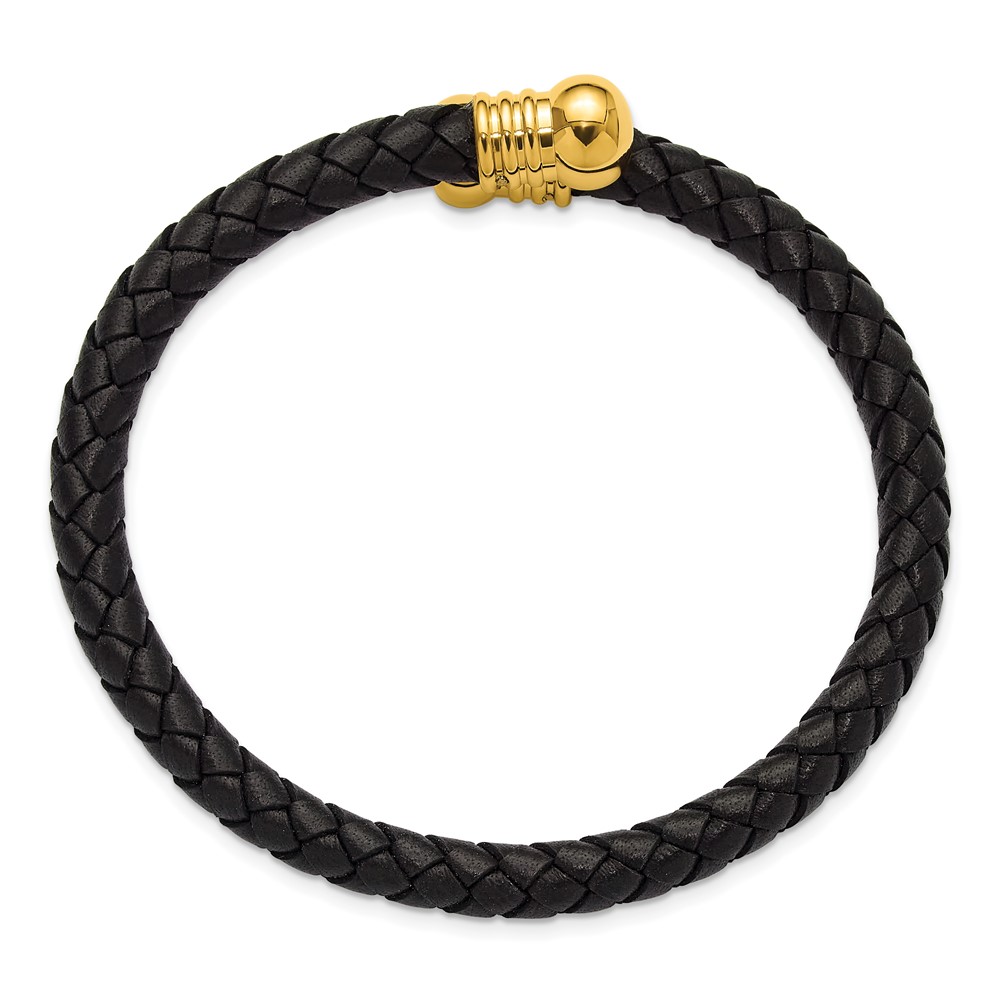 Stainless Steel Polished Gold IP Black Leather Flexible Bangle - Image 2