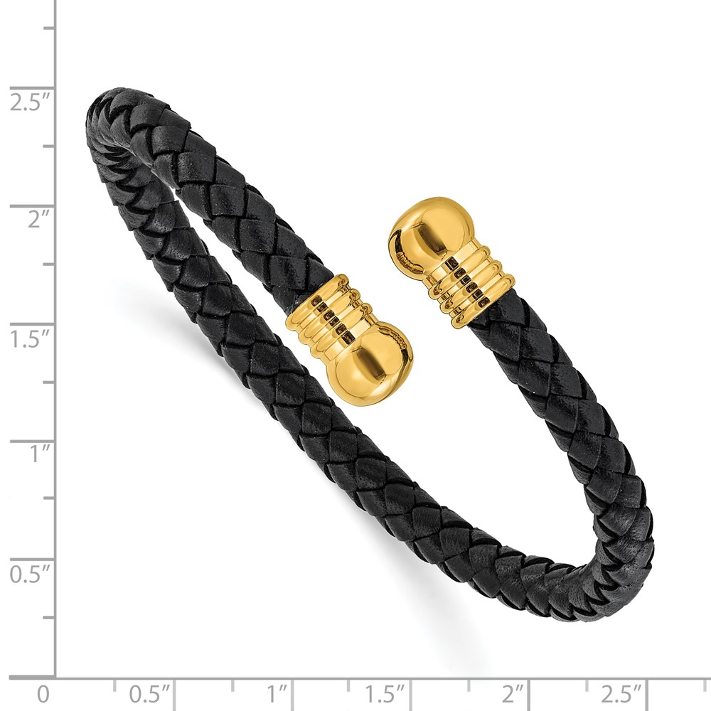 Stainless Steel Polished Gold IP Black Leather Flexible Bangle - Image 3