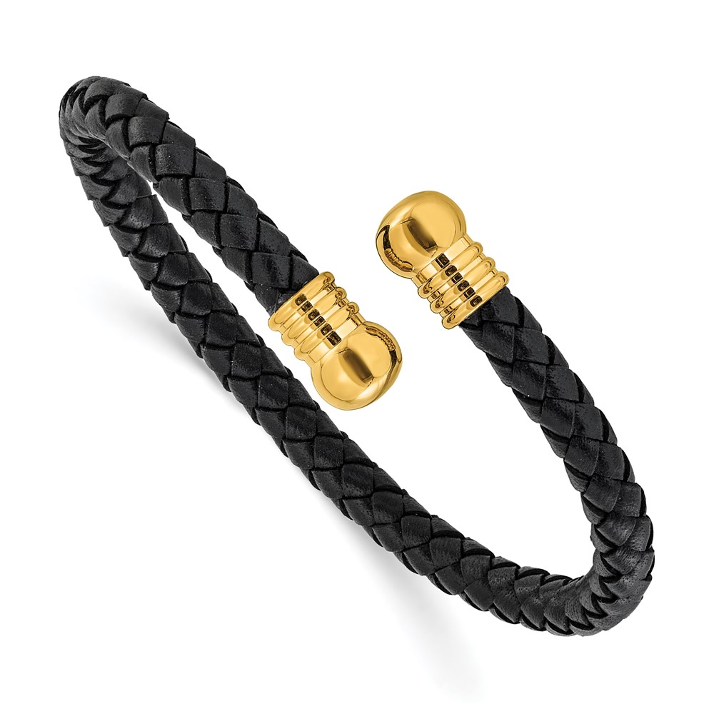 Stainless Steel Polished Gold IP Black Leather Flexible Bangle