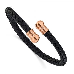 Stainless Steel Polished Rose IP Black Leather Flexible Bangle