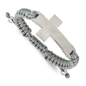 Stainless Steel Brushed/Polished Cross Grey Nylon Adj 7.5-10.5-inch Bracelet
