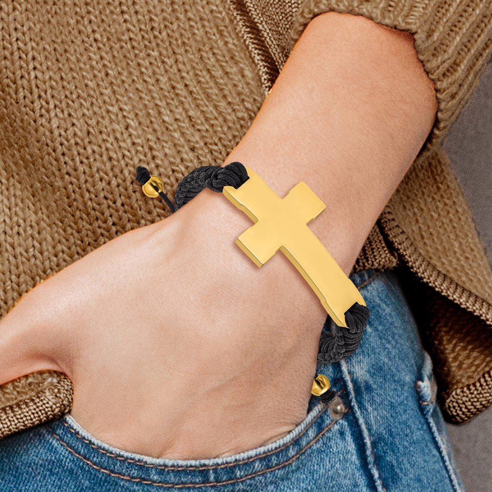 Stainless Steel Polished Yellow IP Cross Black Nylon Adj 7.5-10.5-inch Bracele - Image 4