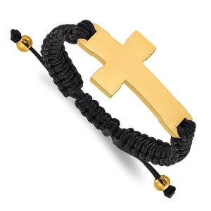 Stainless Steel Polished Yellow IP Cross Black Nylon Adj 7.5-10.5-inch Bracele