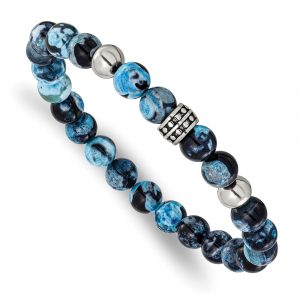 Stainless Steel Antiqued/Polished Blue/Black Apatite 7.25-inch Stretch Bracele