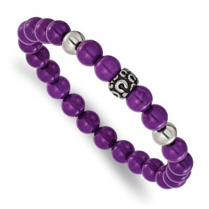 Stainless Steel Antiqued/Polished Purple Stone Beaded 7-inch Stretch Bracelet