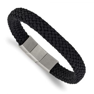 Stainless Steel Brushed and Polished Black Braided Nylon 8 +.5-inch Bracelet