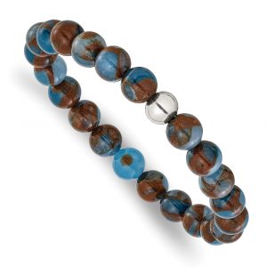 Stainless Steel Polished Blue/Gold Stone Beaded 6.5-inch Stretch Bracelet