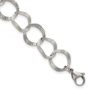 Stainless Steel Polished and Textured Open Circles 7.25-inch +1.5-inch Bracelet