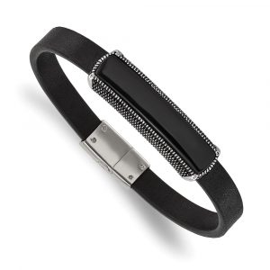 Stainless Steel Antiqued & Polished Black Agate Leather 8.25-inch Bracelet