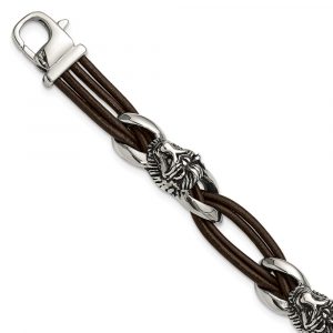 Stainless Steel Antiqued & Polished Lion Dark Brown Leather 8.5-inch Bracelet