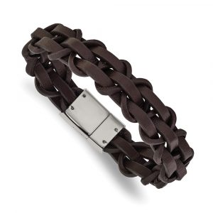 Stainless Steel Polished Brown Leather 8-inch Bracelet