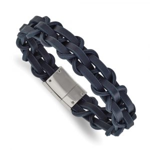 Stainless Steel Polished Navy Leather 8.5-inch Bracelet