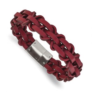 Stainless Steel Polished Red Leather 8.25-inch Bracelet