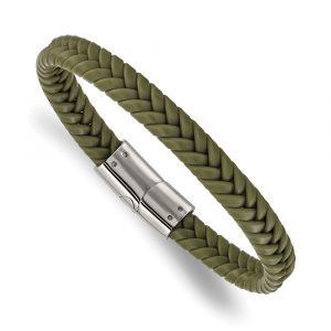 Stainless Steel Polished Braided Green Silicone 8-inch Bracelet