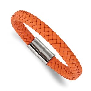 Stainless Steel Polished Braided Orange Leather 8.25-inch Bracelet