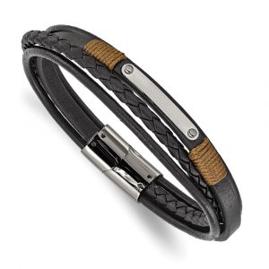 Stainless Steel Polished Multi-Strand Black Leather 8.5-inch ID Bracelet
