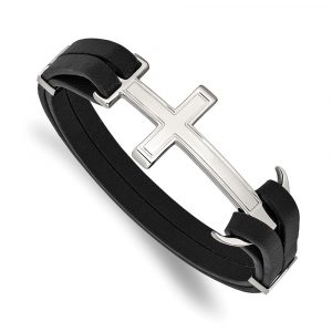 Stainless Steel Polished Cross/Anchor Black Leather 8.25-inch Bracelet