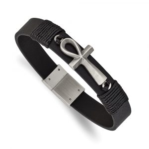 Stainless Steel Antiqued & Brushed Ankh Cross Black Leather 8.5-inch Bracelet