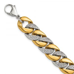 Stainless Steel Polished Yellow IP-plated CZ 14mm 9-inch Bracelet
