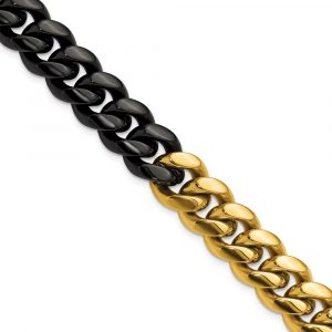 Stainless Steel Polished Black and Yellow IP-plated 12mm 8.25-inch Bracelet