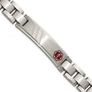 Stainless Steel Brushed & Polished Red Enamel Medical ID 8.25-inch Bracelet