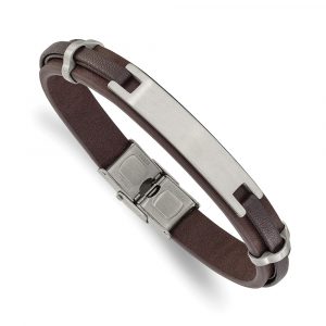 Stainless Steel Brushed Brown Leather 8.5-inch ID Bracelet